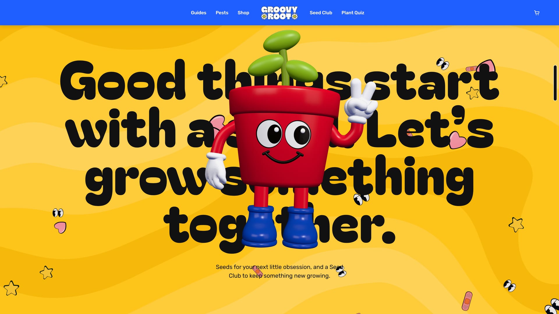 The flowerpot mascot in 3D, waving in front of “Good things start with a seed. Let’s grow something together.” on yellow