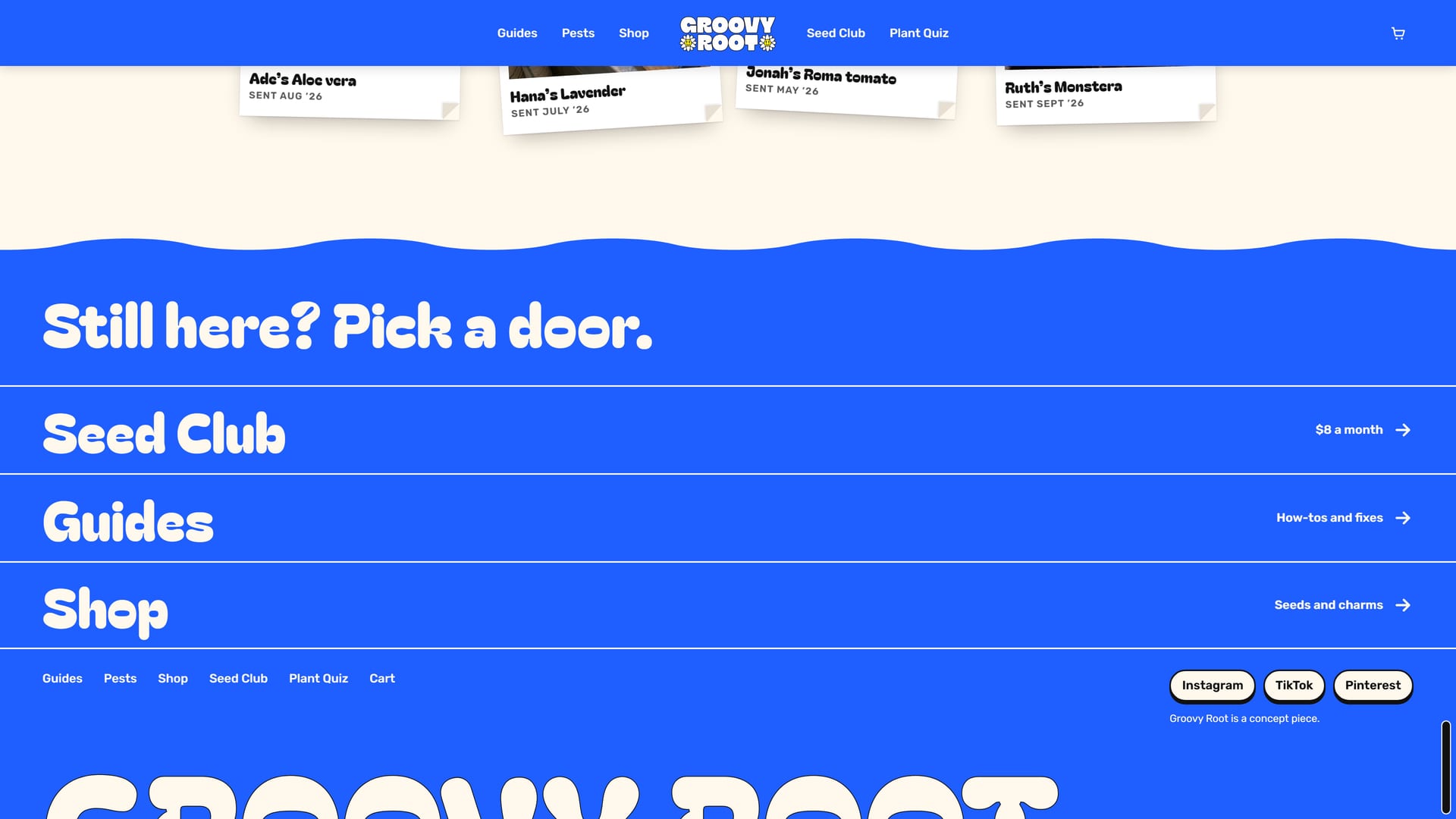 Footer on blue: “Still here? Pick a door.” with Seed Club, Guides and Shop rows