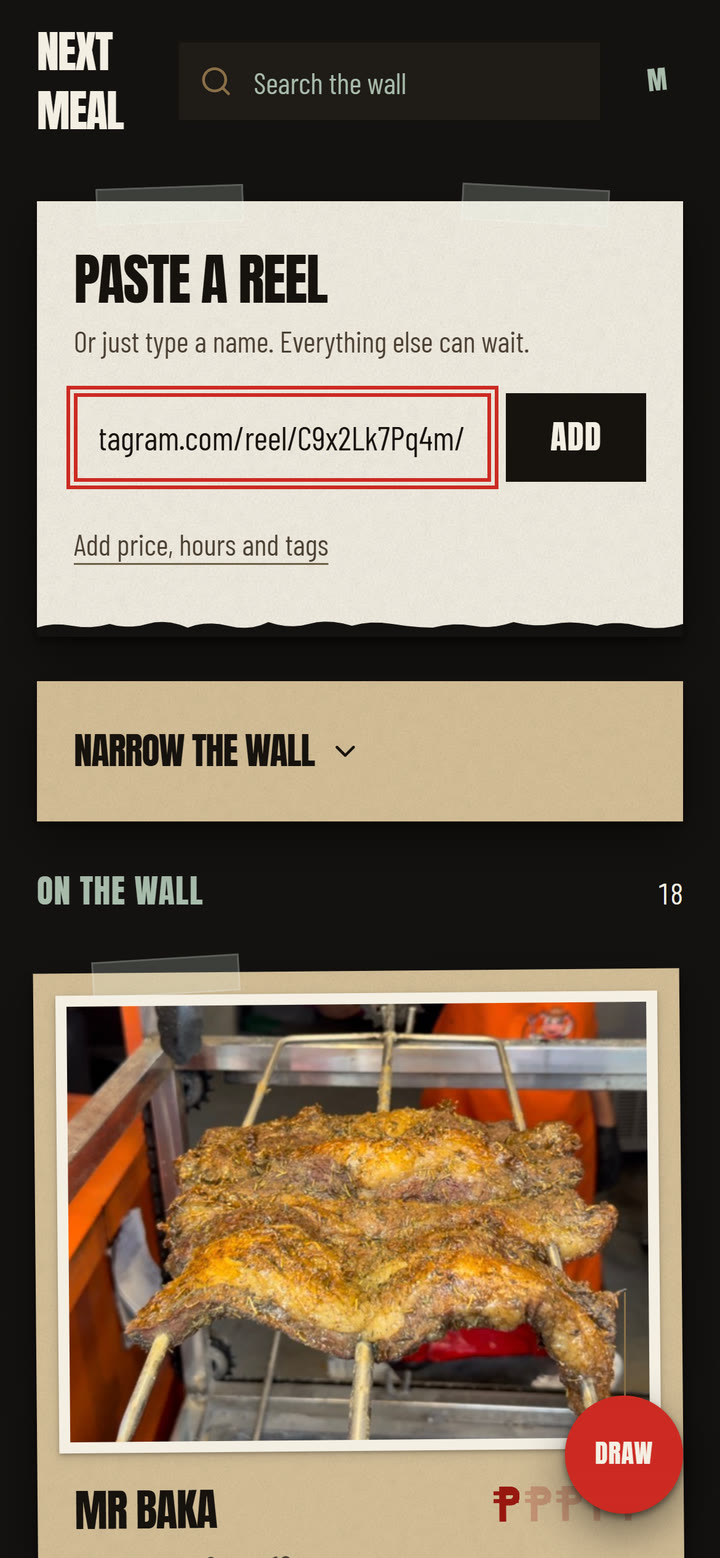 Quick add with an Instagram reel link pasted in