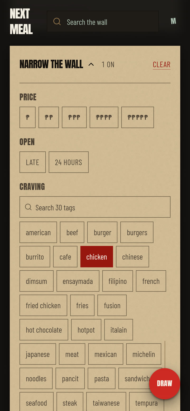 Narrow the wall: price, open late and craving filters