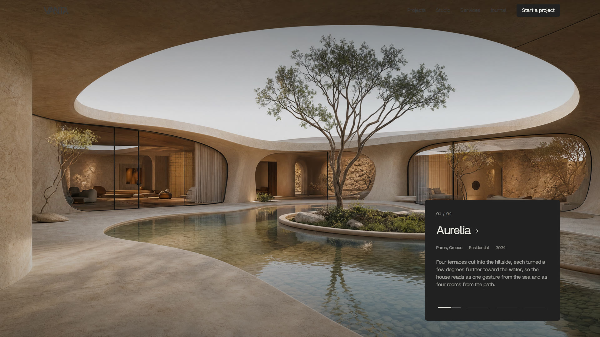 Work slide “Aurelia”: an oval courtyard with a tree and a pool